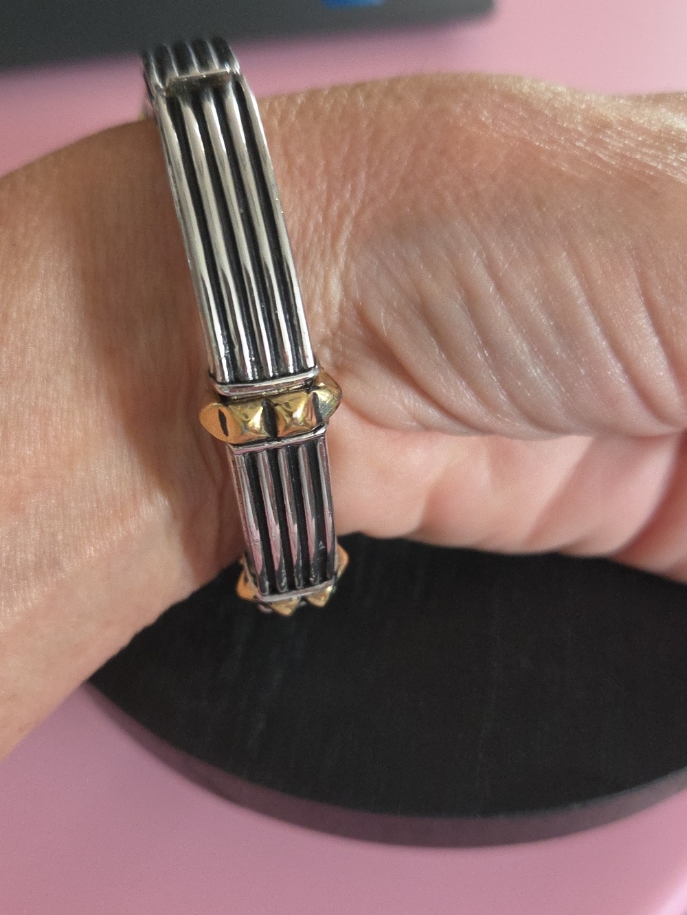 Two-Tone Silver and Gold Ribbed Stackable Bangle Bracelet - Picture 6 of 9